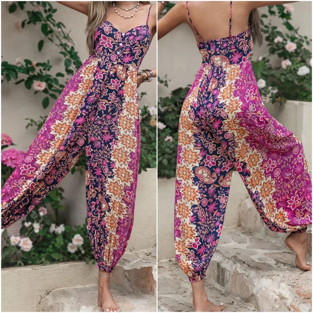 Boho Floral Print Cottagecore Cami Jumper Jumpsuit - Picture 3 of 4